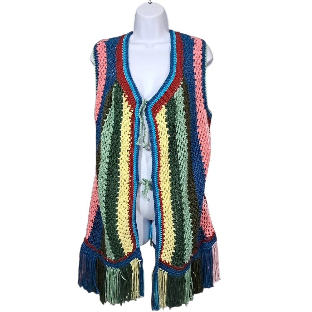 Vintage Multicolored Crochet Granny Vest Open Hippie Festival 70s Long Striped L